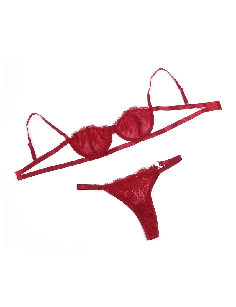 Rotes Wimpernspitzen-BH-Set mit Bügel, elastischem Unterbrustband und verstellbarem Rückenverschluss