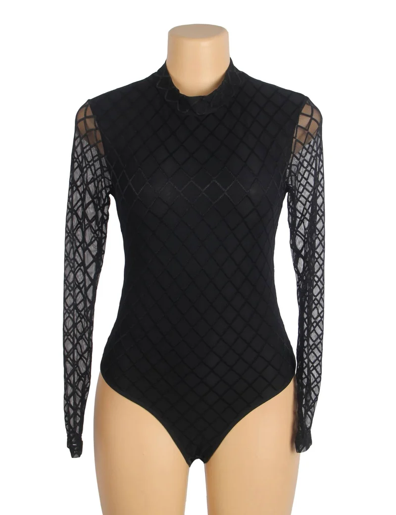 Schwarzer, hochgeschlossener Body aus Diamant-Mesh mit Ausschnitt am Rücken, runden Knopfdetails, Schwimmfutter und Druckknöpfen im Schritt