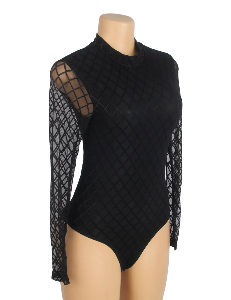 Schwarzer, hochgeschlossener Body aus Diamant-Mesh mit Ausschnitt am Rücken, runden Knopfdetails, Schwimmfutter und Druckknöpfen im Schritt