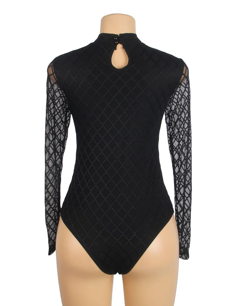 Schwarzer, hochgeschlossener Body aus Diamant-Mesh mit Ausschnitt am Rücken, runden Knopfdetails, Schwimmfutter und Druckknöpfen im Schritt