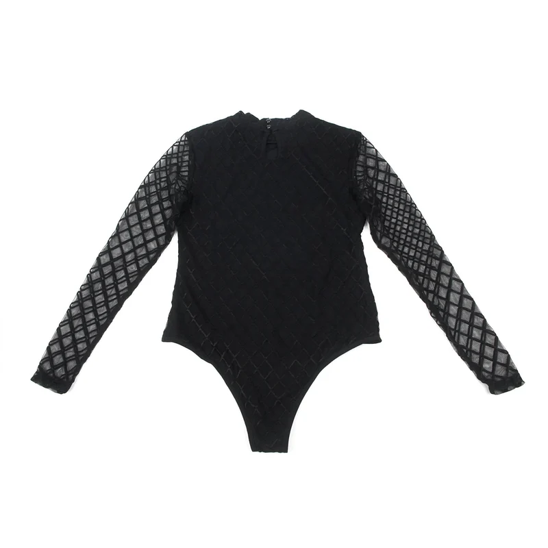 Schwarzer, hochgeschlossener Body aus Diamant-Mesh mit Ausschnitt am Rücken, runden Knopfdetails, Schwimmfutter und Druckknöpfen im Schritt