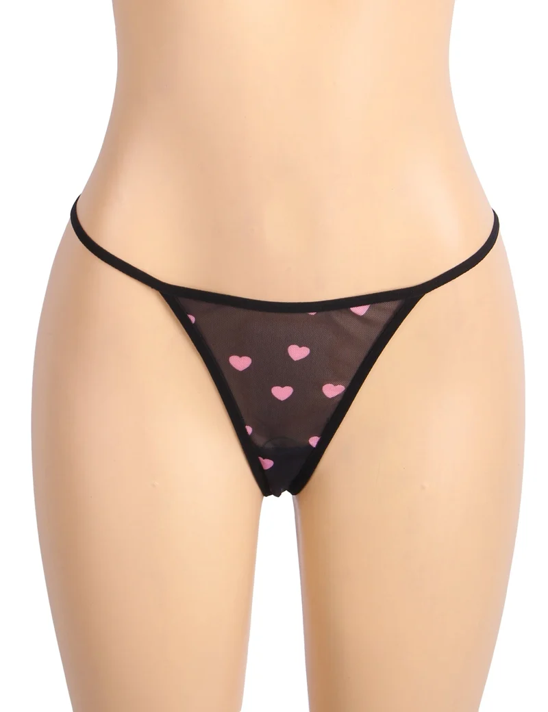 Schwarzes Babydoll aus Spitze mit Herzmuster, Wimpernspitzenbesatz am Brustbereich, Schleifenakzent und passendem T-Shirt-Set