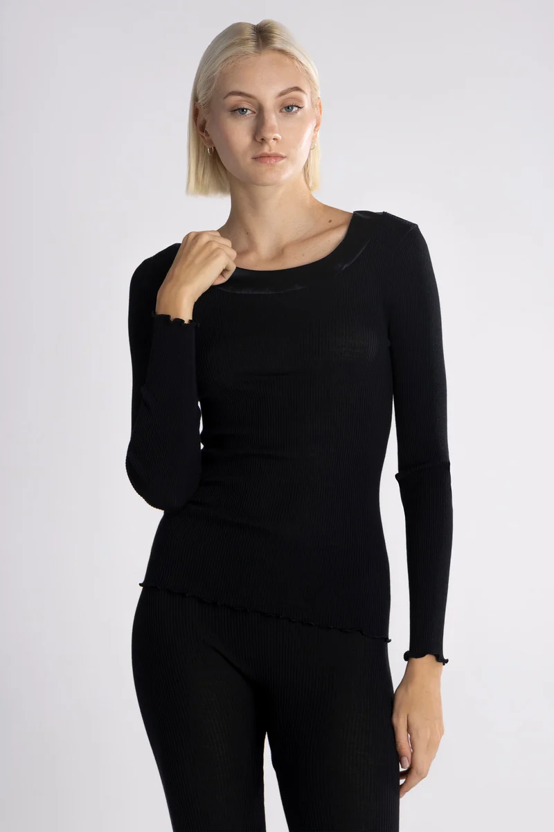 Langarm-Shirt, Rundhals, mit Satin-Einfassung, WOOL AND SILK