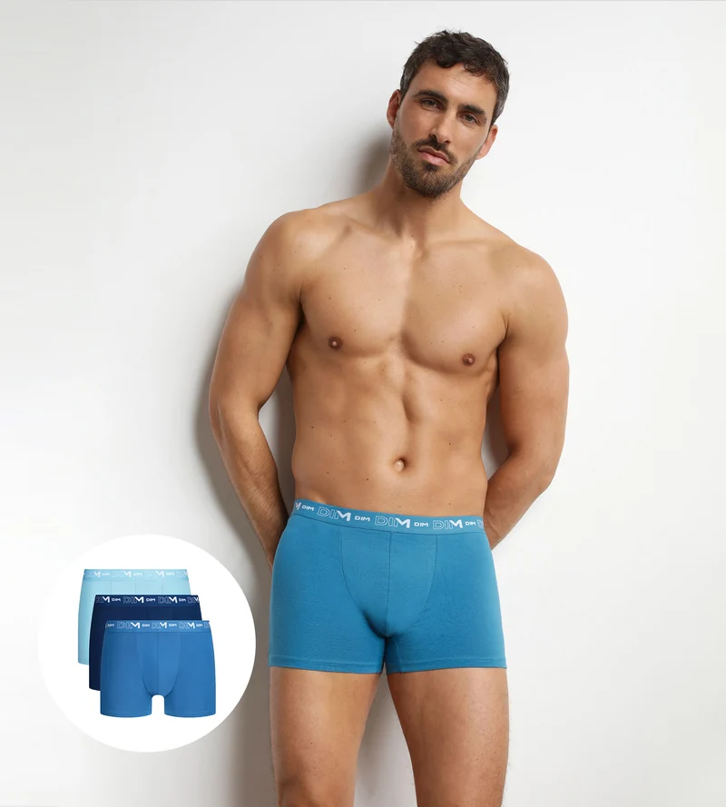 3er-Pack Herren-Boxershorts Blau Kontrastbund Dim Coton Stretch