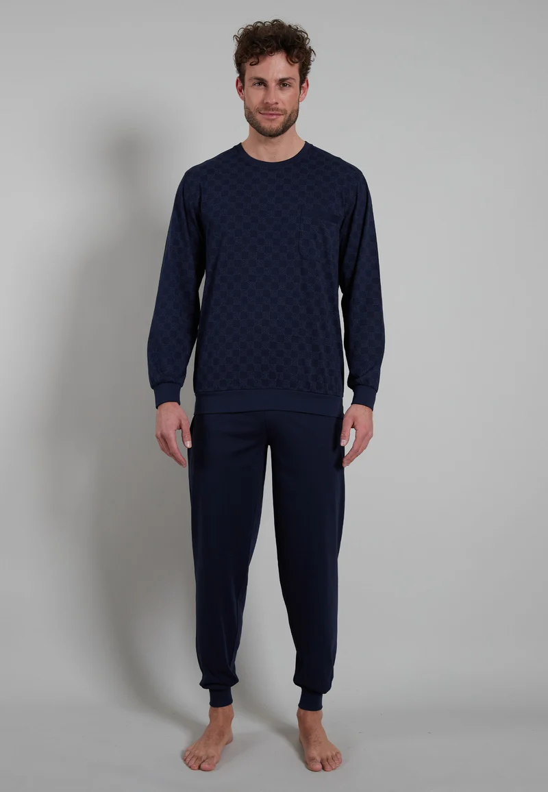 BUGATTI Pyjama, O-A., Bündchen blau-dunkel-Allover
