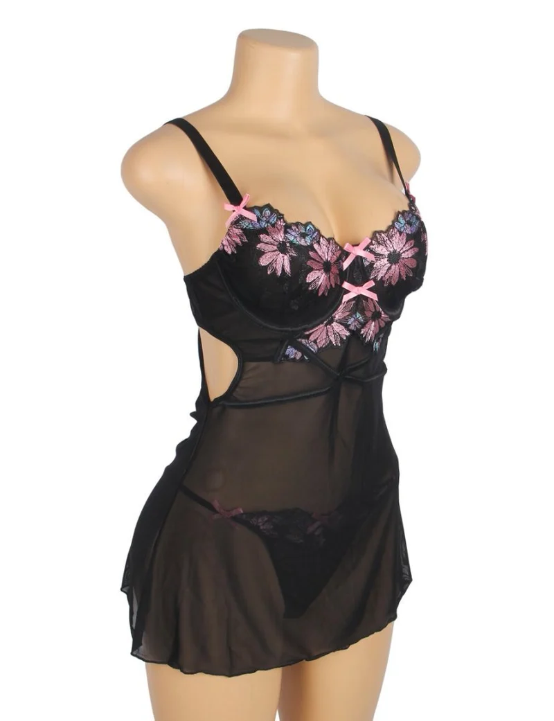 Schwarzes Babydoll aus Netzstoff mit Blumenstickerei, Bügel-BH, Knopfverschluss hinten, Schleifenverzierungen und passendem T-Shirt-Set