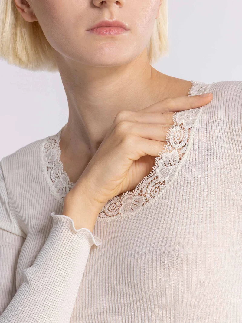 Langarm-Shirt mit Spitze, WOOL AND SILK