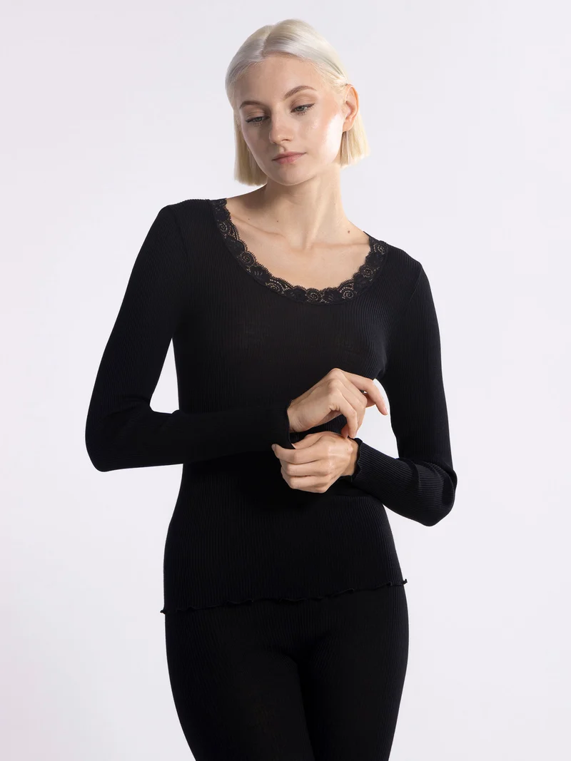 Langarm-Shirt mit Spitze, WOOL AND SILK