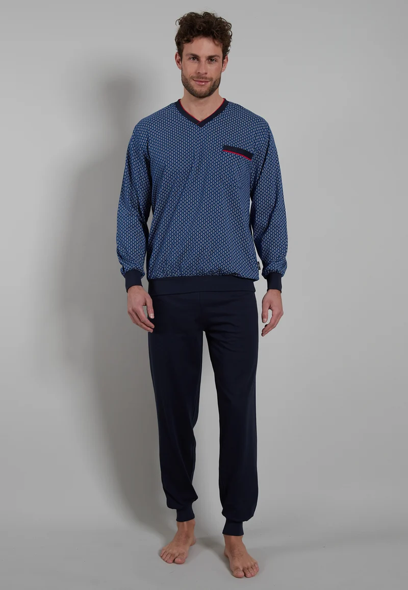 GÖTZBURG Pyjama, V-Ausschnitt, Bündchen blau-dunkel-uni