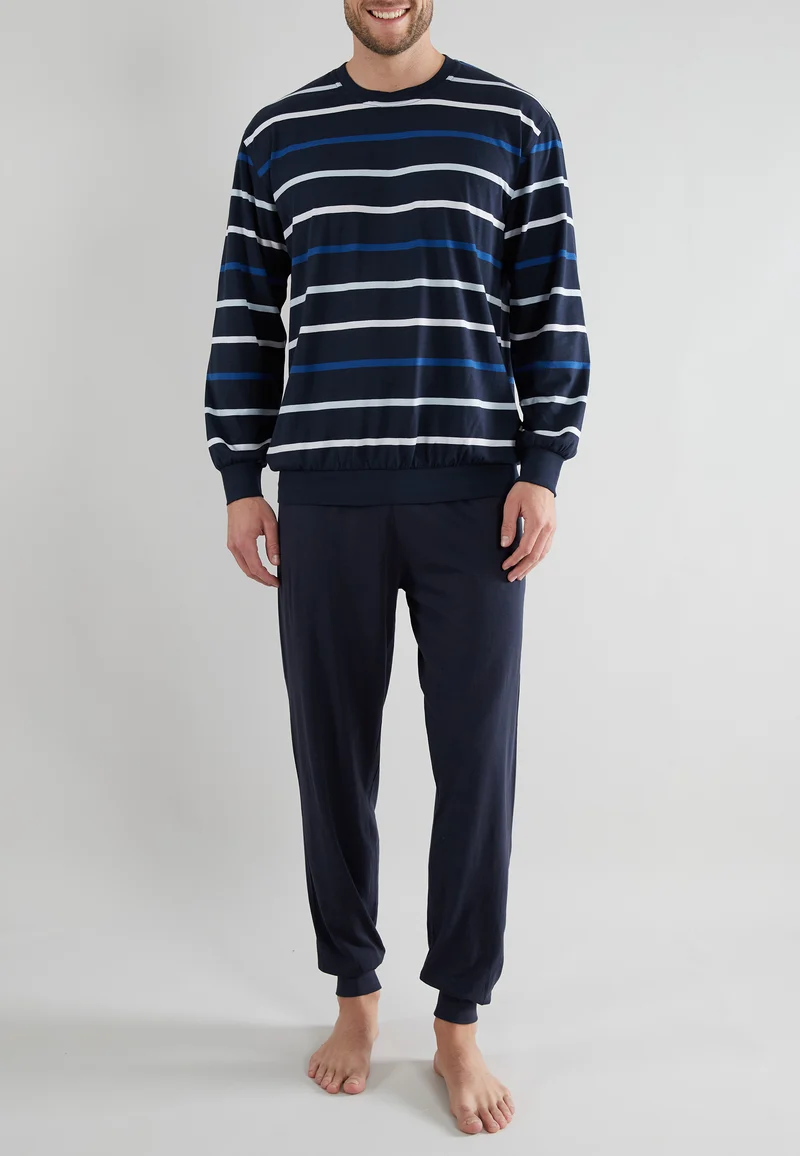 GÖTZBURG Pyjama, Rundhals, Bündchen blau-mittel-Ringel