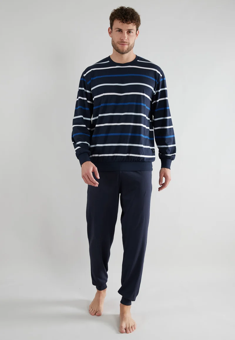 GÖTZBURG Pyjama, Rundhals, Bündchen blau-mittel-Ringel