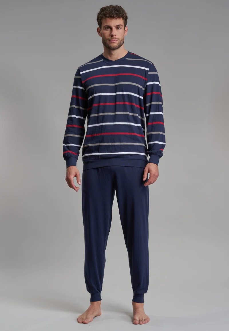 GÖTZBURG Pyjama, Rundhals, Bündchen blau-dunkel-Ringel