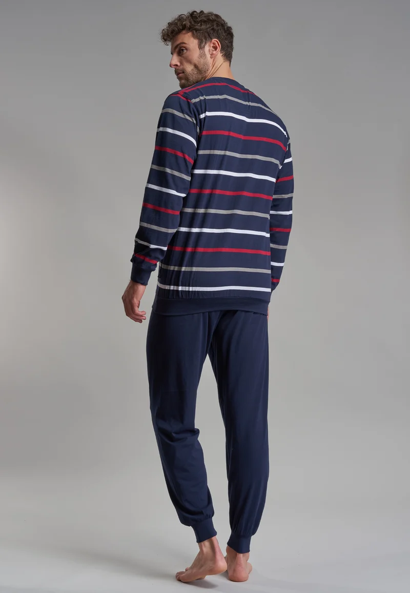 GÖTZBURG Pyjama, Rundhals, Bündchen blau-dunkel-Ringel