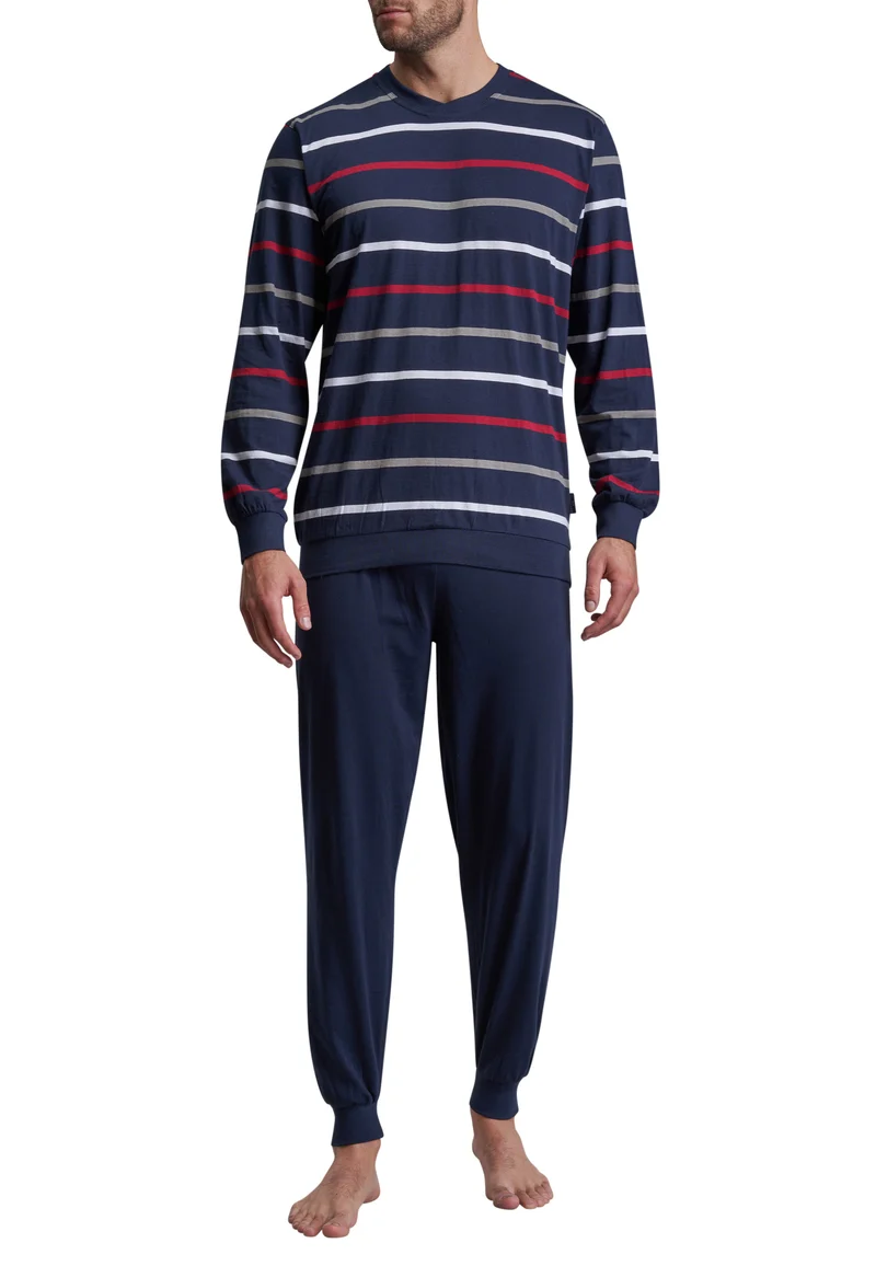 GÖTZBURG Pyjama, Rundhals, Bündchen blau-dunkel-Ringel