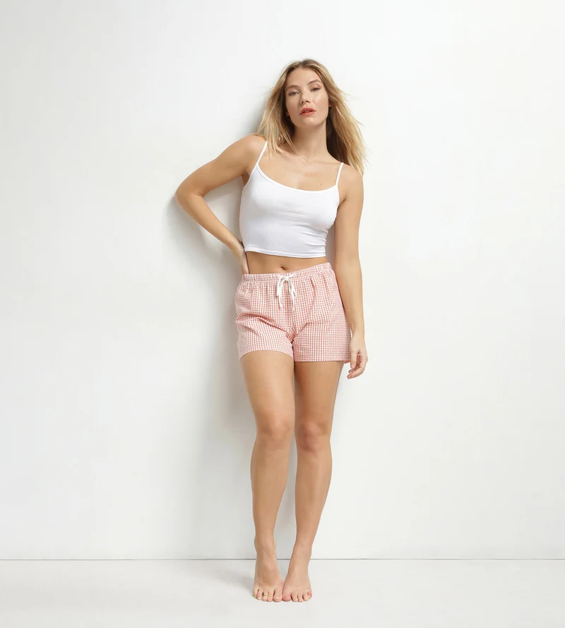 Damen-Pyjama-Shorts aus Vichy-Seersucker in Apricot Écru von Dim Nightwear