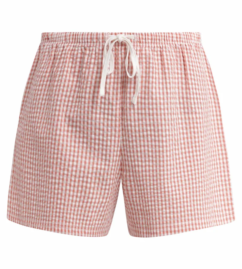 Damen-Pyjama-Shorts aus Vichy-Seersucker in Apricot Écru von Dim Nightwear