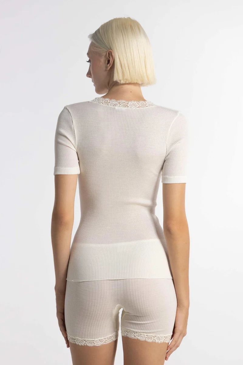 Rundhals-T-Shirt mit Spitze, WOOL AND SILK