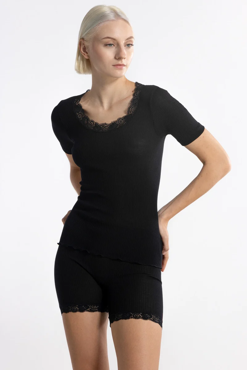 Rundhals-T-Shirt mit Spitze, WOOL AND SILK