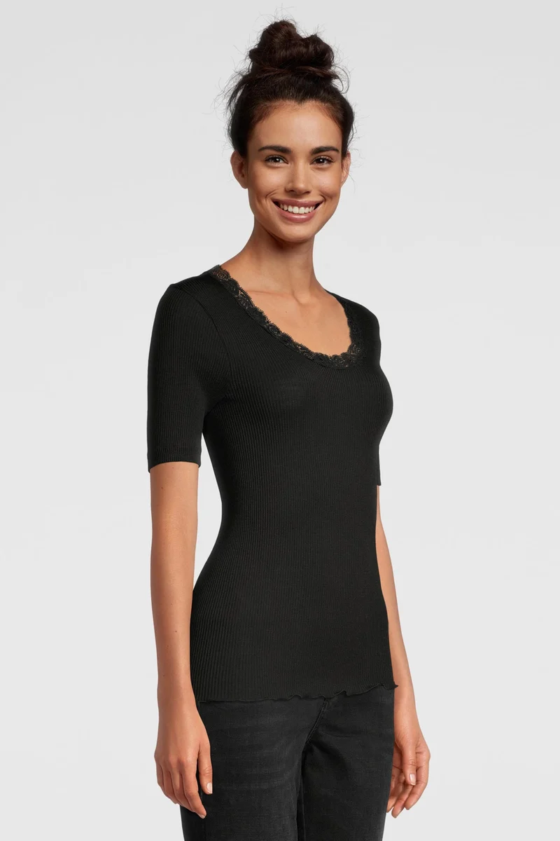 Rundhals-T-Shirt mit Spitze, WOOL AND SILK