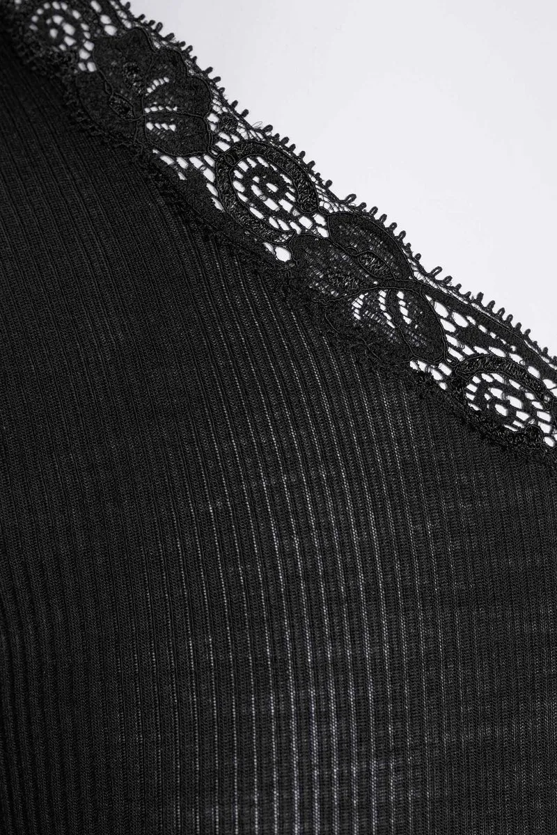 Rundhals-T-Shirt mit Spitze, WOOL AND SILK