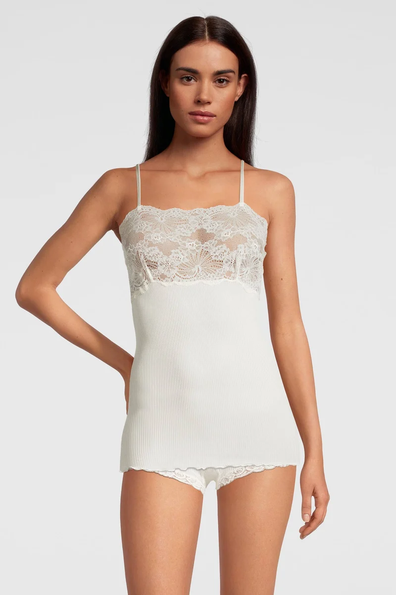 Spaghetti-Top mit Leavers-Spitze, PURE SILK