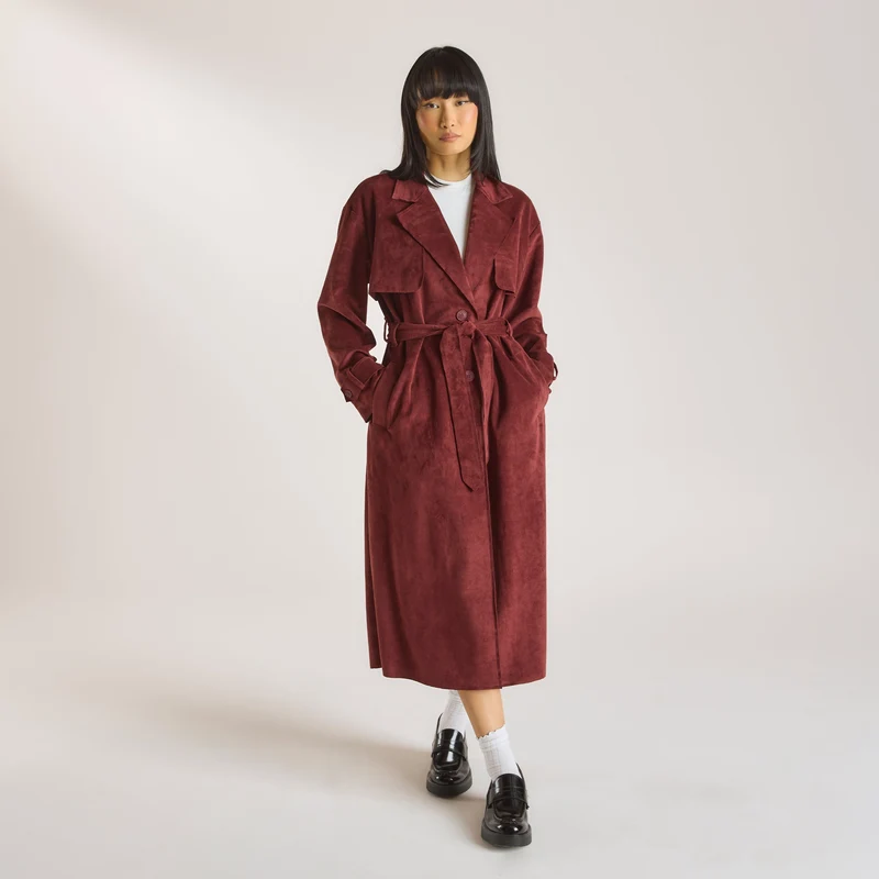 Suedette Trench Coat - Burgundy