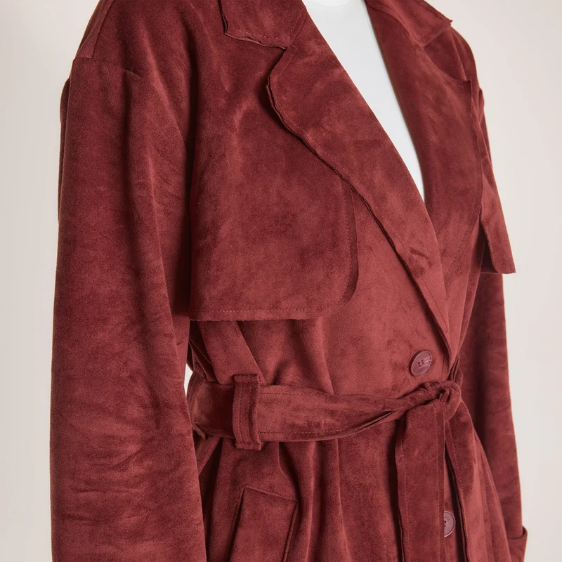Suedette Trench Coat - Burgundy