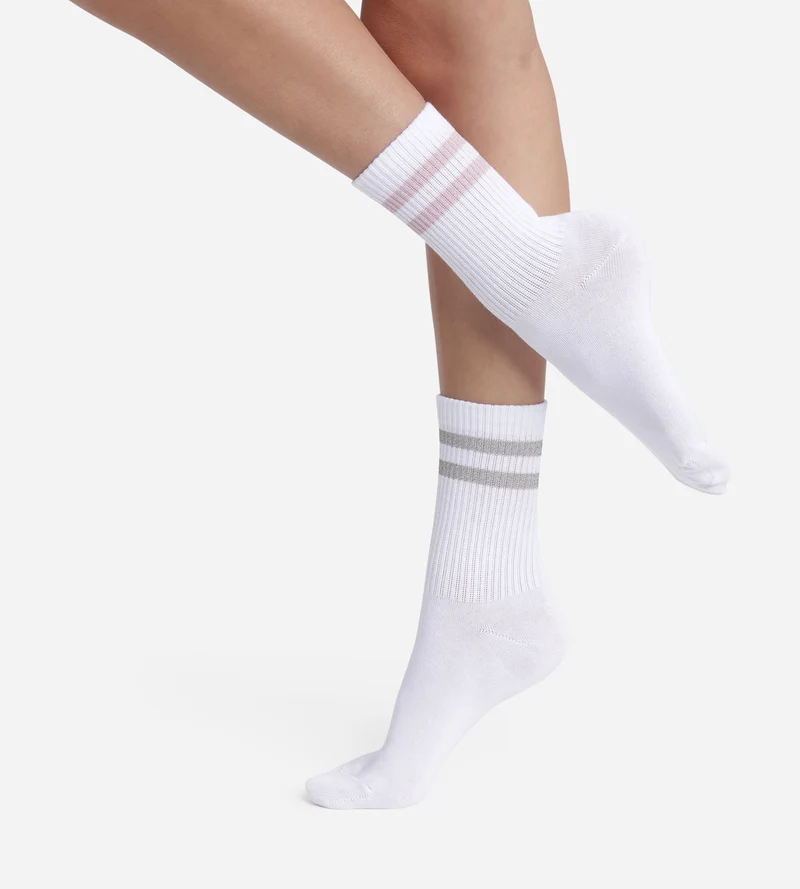2er-Pack Socken aus gerippter Baumwolle in Weiß und Lurex in Rosa/Grau von Dim Mode
