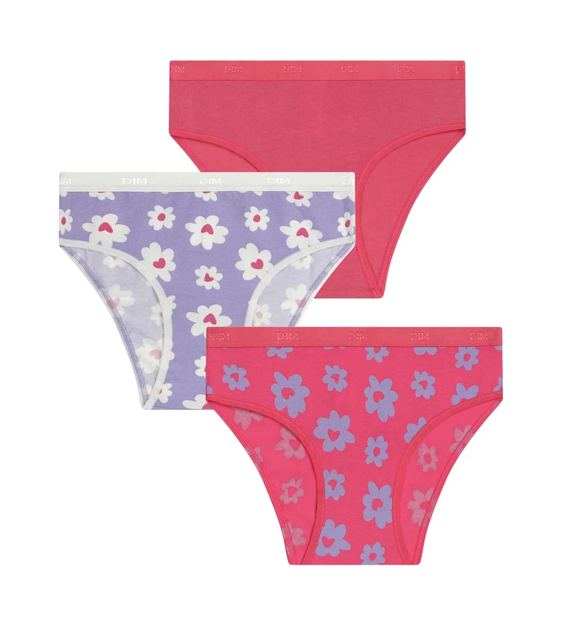 3er-Pack Stretch-Baumwollhöschen für Mädchen in Violett und Rosa mit Blumenmuster von Les Pockets