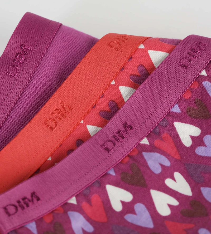 3er-Pack Mädchenhöschen aus Stretch-Baumwolle in Violett und Rot mit Herzen von Les Pockets