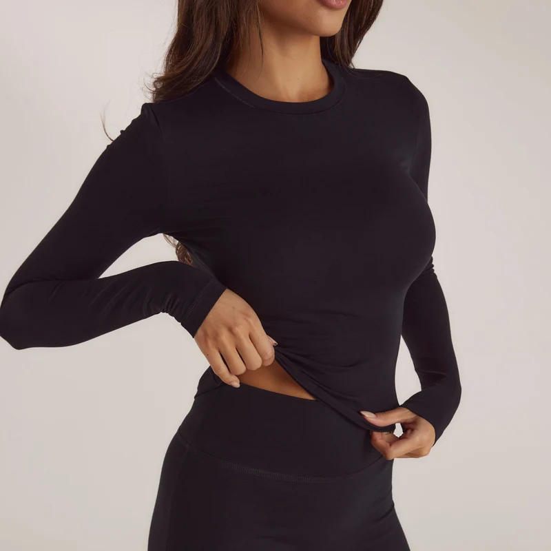 Cotton Blend Long Sleeve Top - Black