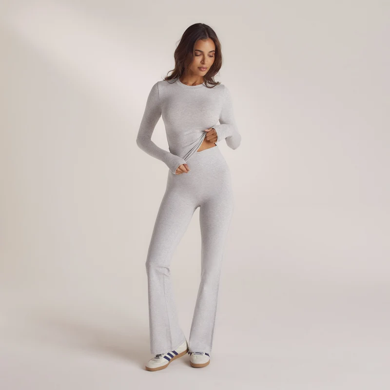 Cotton Blend Long Sleeve Top - Grey Marl