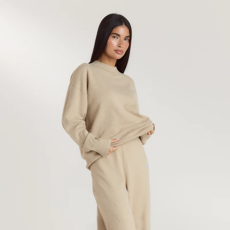 Cuffed Crew Neck Knitted Jumper - Oatmeal Marl