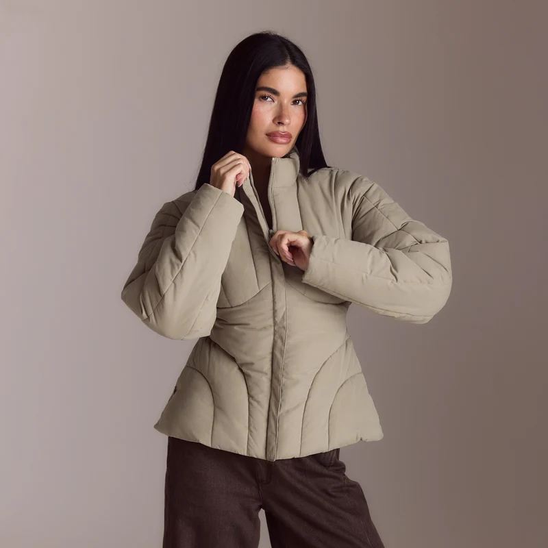 Cinched Puffer Coat - Thyme