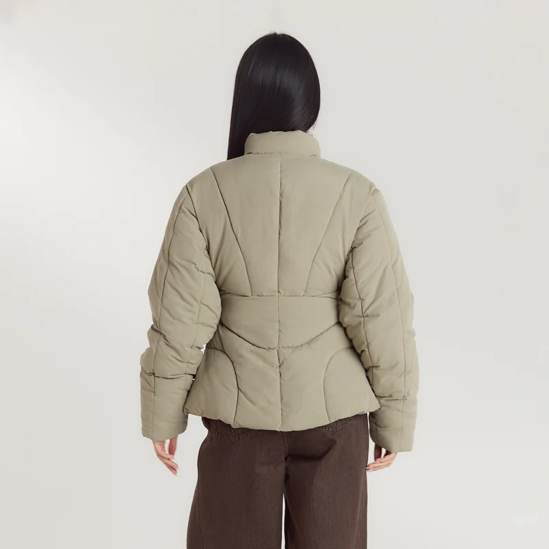 Cinched Puffer Coat - Thyme