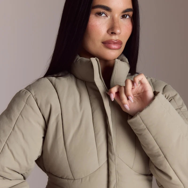 Cinched Puffer Coat - Thyme
