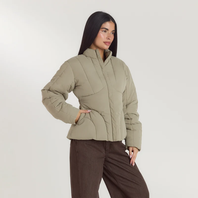 Cinched Puffer Coat - Thyme