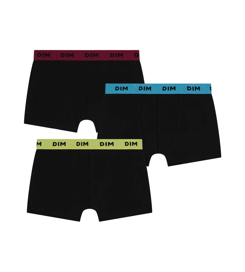 3er-Pack Herren-Boxershorts aus schwarzer Stretch-Baumwolle mit farbigem Bund in Zitronengelb Mix & Colors