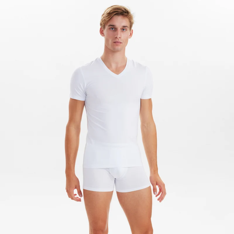 2er-Pack Weißes schmal geschnittenes Bambus-T-Shirt mit V-Ausschnitt