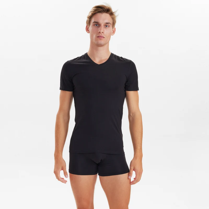 2er-Pack Schwarzes schmal geschnittenes Bambus-T-Shirt mit V-Ausschnitt
