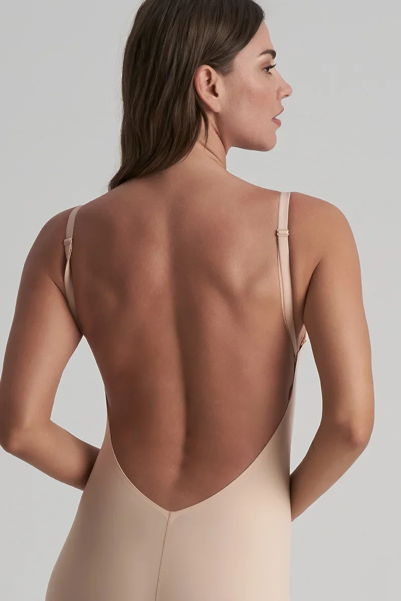 ByeBra – Shapewear mit tiefem Rückenausschnitt (leichte Stütze), kurzer, beigefarbener Body mit tiefem Rückenausschnitt