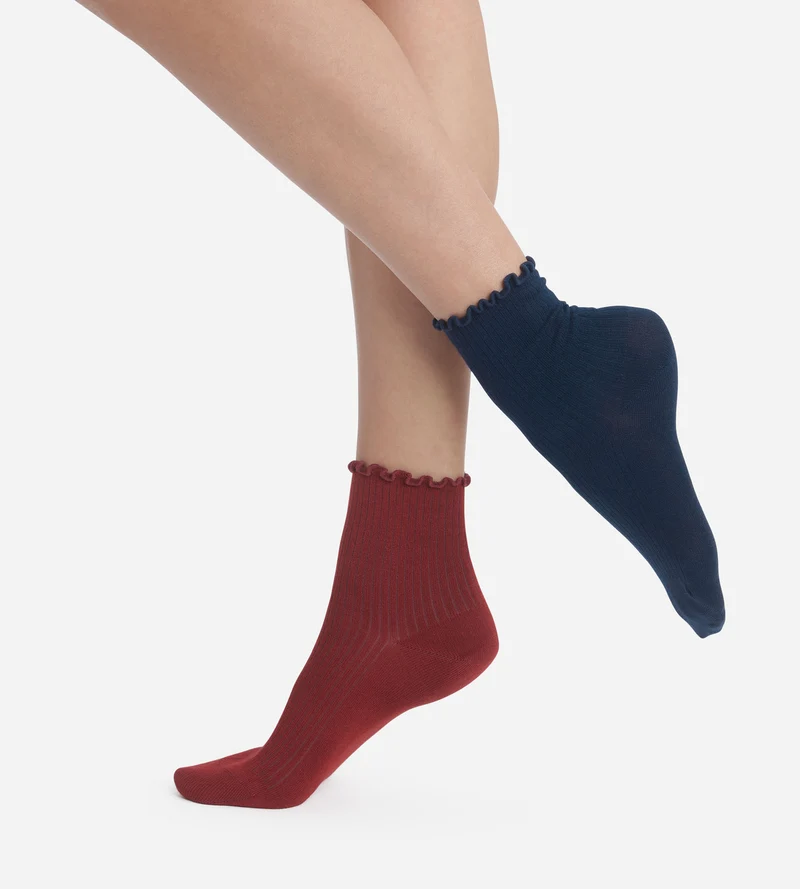 2er-Pack Damen-Socken mit Rüschen in Bordeauxblau Dim Modal