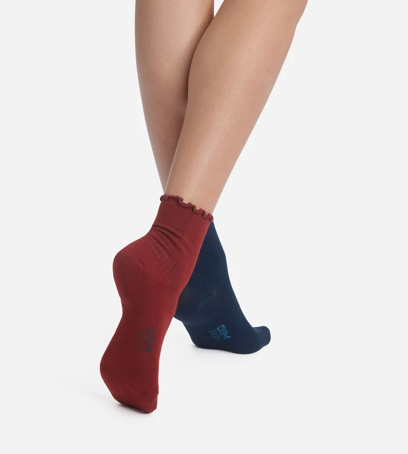 2er-Pack Damen-Socken mit Rüschen in Bordeauxblau Dim Modal
