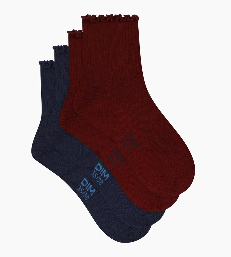 2er-Pack Damen-Socken mit Rüschen in Bordeauxblau Dim Modal