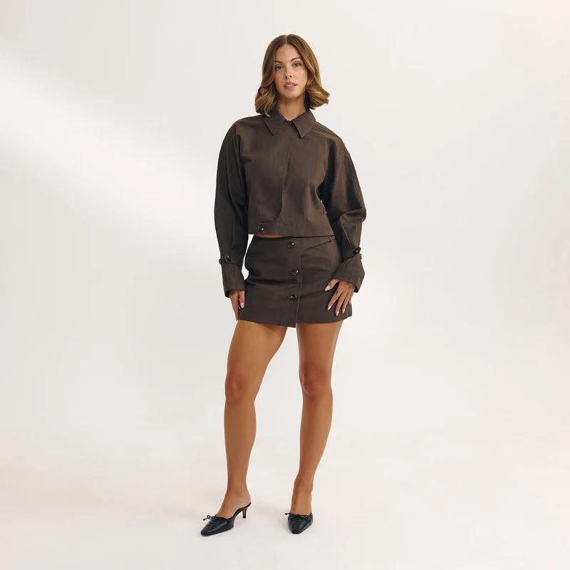 Button Detail Mini Skirt - Dark Brown