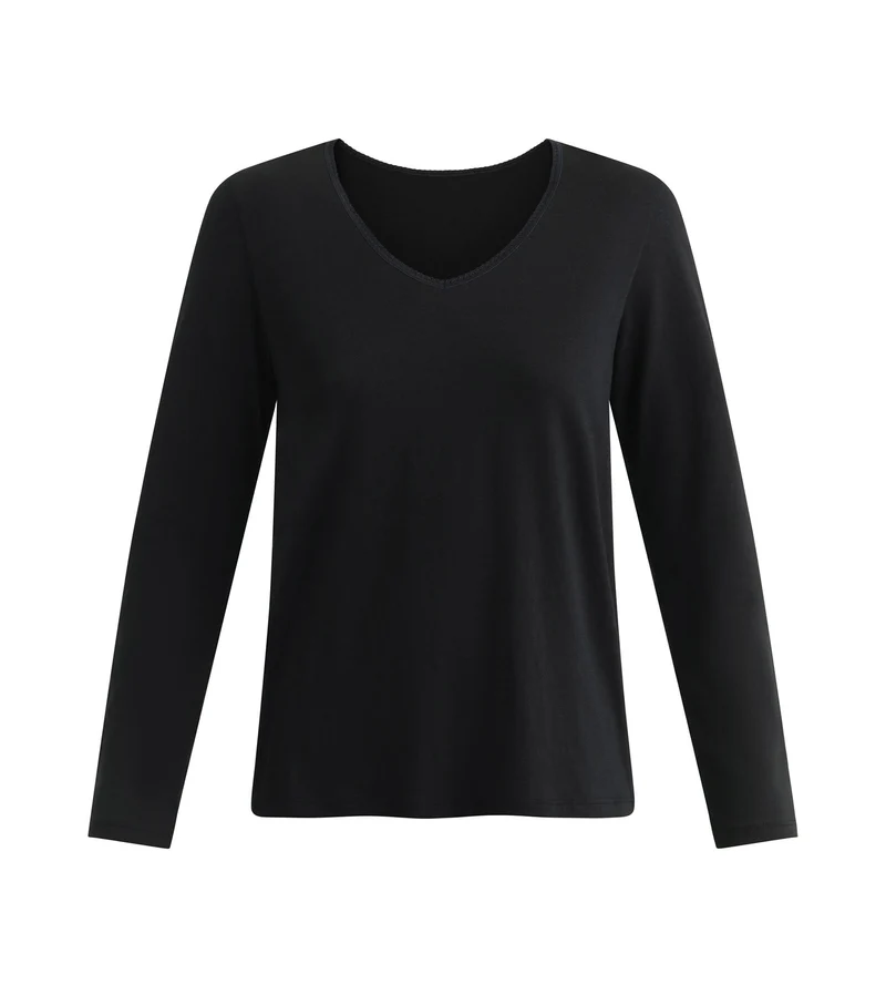 T-Shirt, Damen, Langarm, aus Baumwolle Schwarz Dim Thermal