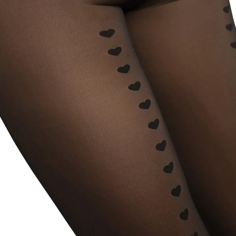 Warme Strumpfhose mit transparentem Effekt schwarz mit Herzchen Thermo