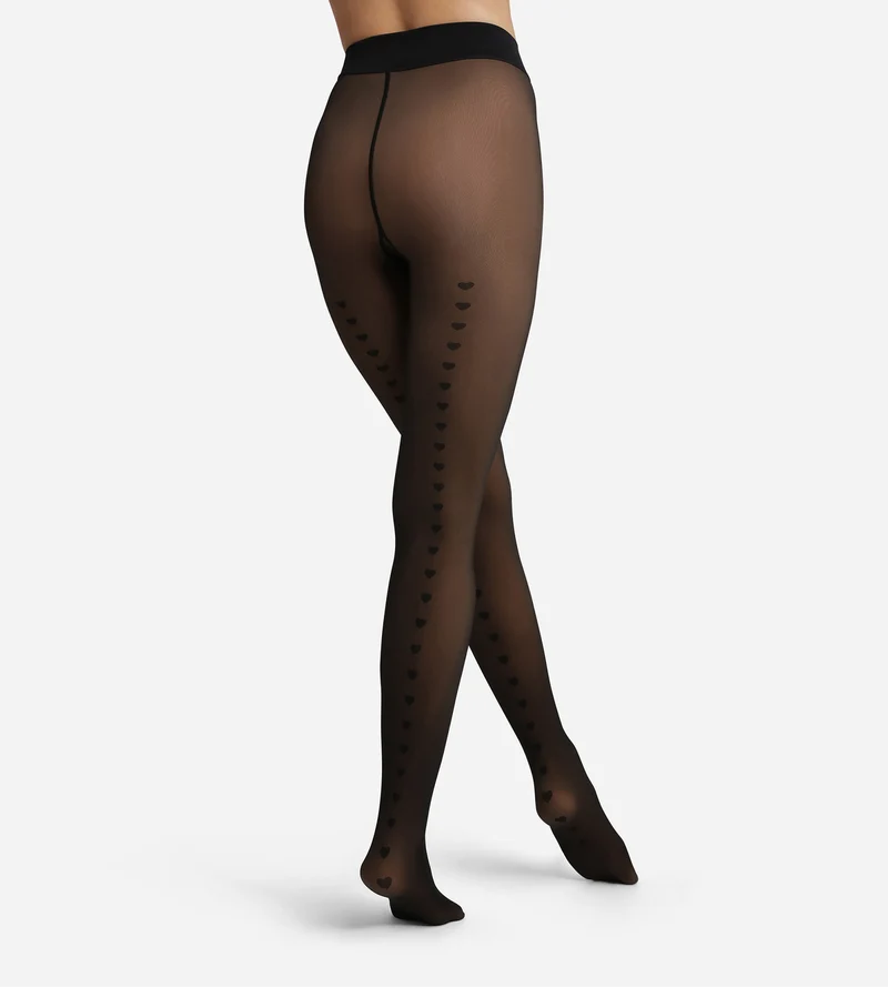 Warme Strumpfhose mit transparentem Effekt schwarz mit Herzchen Thermo