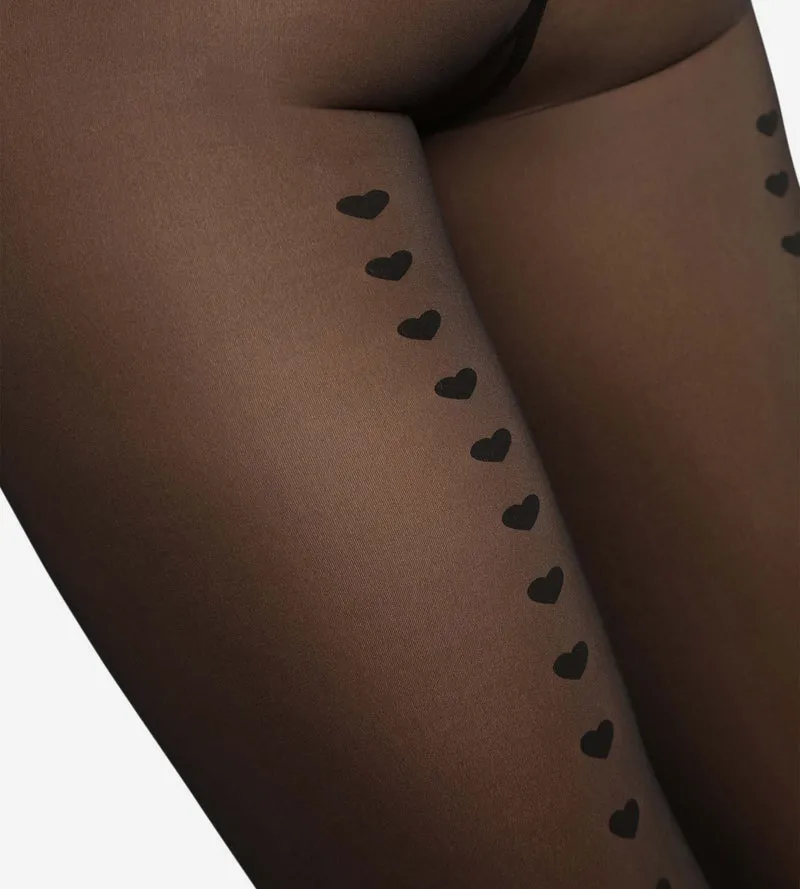 Warme Strumpfhose mit transparentem Effekt schwarz mit Herzchen Thermo