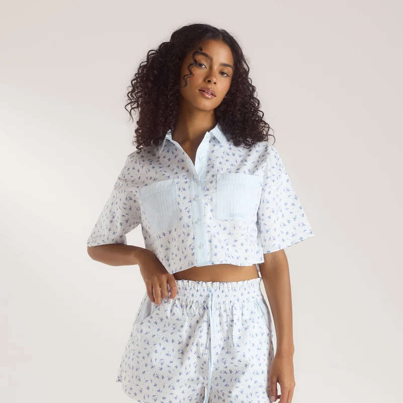Bloom & Stripe Short-Sleeved Pyjama Shirt - Blue
